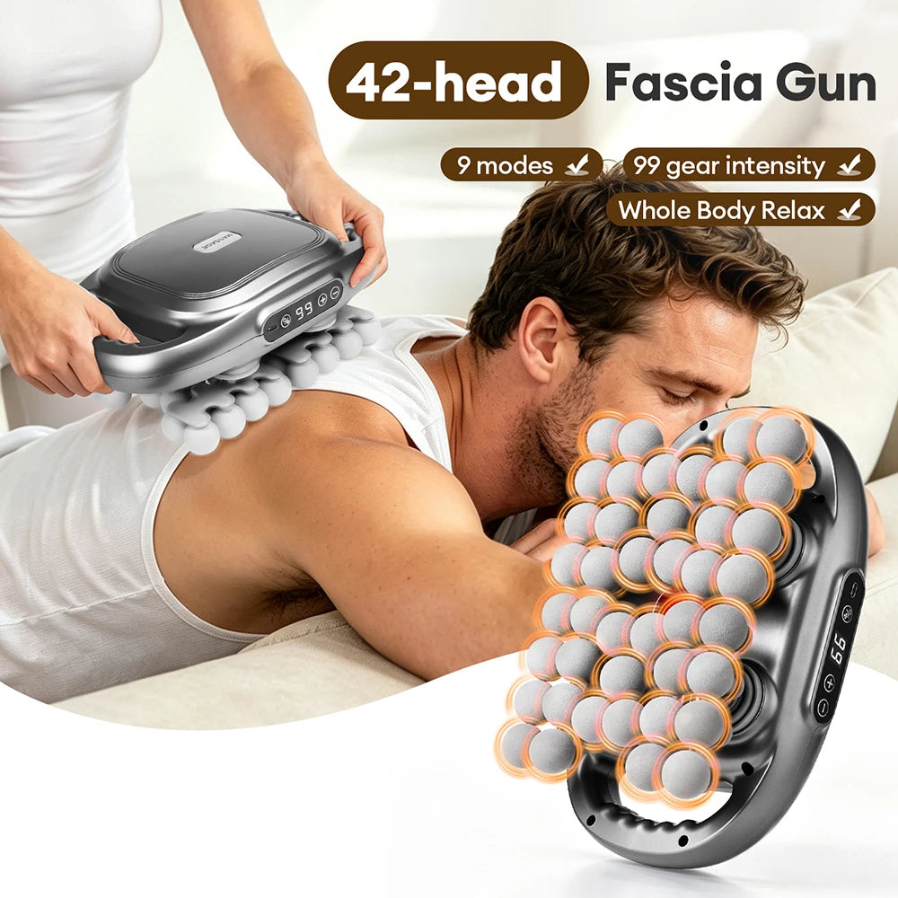 42 Heads Fascia Gun 9 Modes 99 Gear High Frequency Vibration Wireless Deep Tissue Massager Neck Shoulder Thigh Fascia masajeador