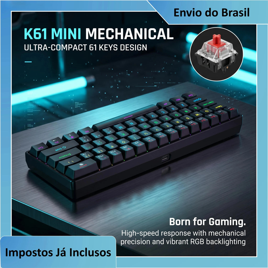 K61 Teclado Mecânico Com Fio Portátil, Design Ergonômico Com Iluminação RGB Colorida, Envio Do Brasil