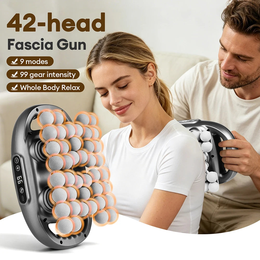 42 Heads Fascia Gun 9 Modes 99 Gear High Frequency Vibration Wireless Deep Tissue Massager Neck Shoulder Thigh Fascia masajeador