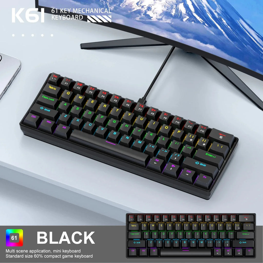K61 Teclado Mecânico Com Fio Portátil, Design Ergonômico Com Iluminação RGB Colorida, Envio Do Brasil