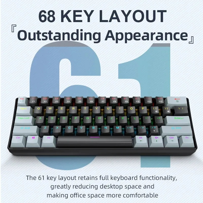 K61 Teclado Mecânico Com Fio Portátil, Design Ergonômico Com Iluminação RGB Colorida, Envio Do Brasil